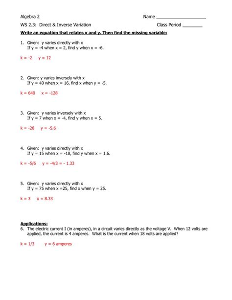 3-4 direct variation worksheet answers