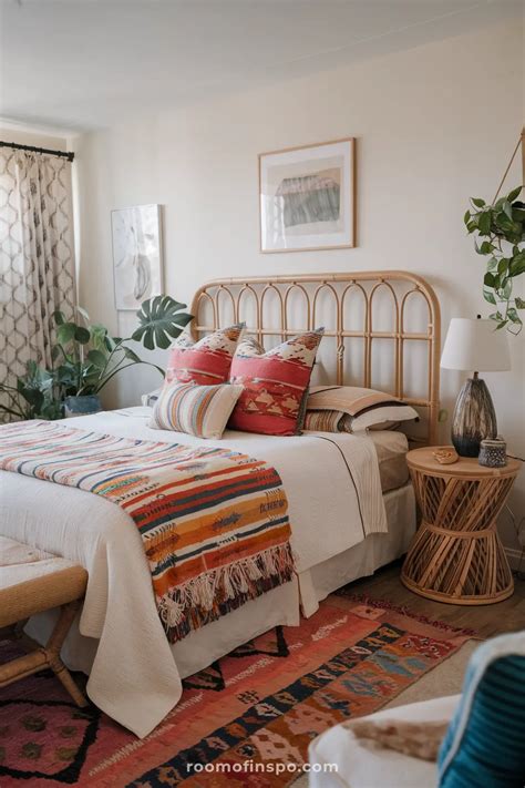 3. A small bedroom with abstract-patterned headboard
