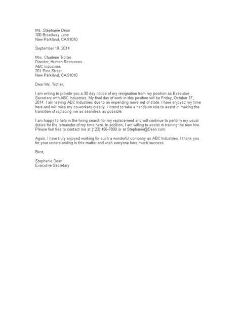 Resignation Letter with 30 Days Notice Template