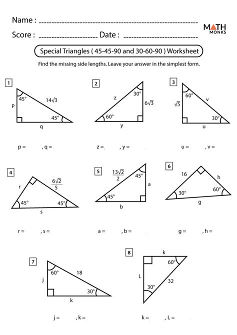 30 60 90 triangles worksheet math monks