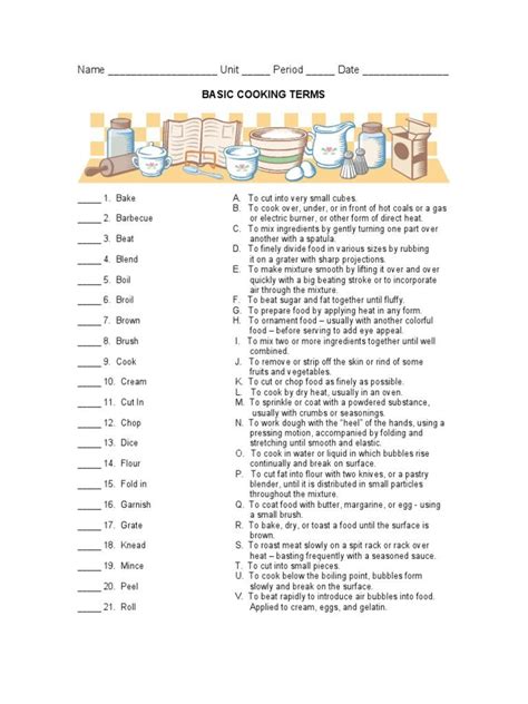 30 Basic Cooking Terms Worksheet