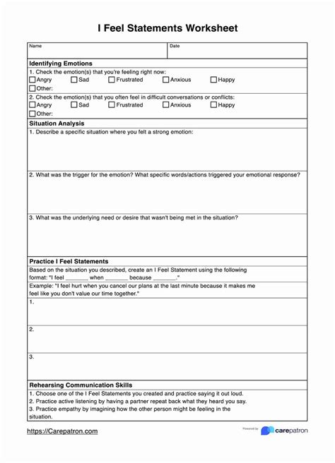 30 I Feel Statements Worksheet | Education Template