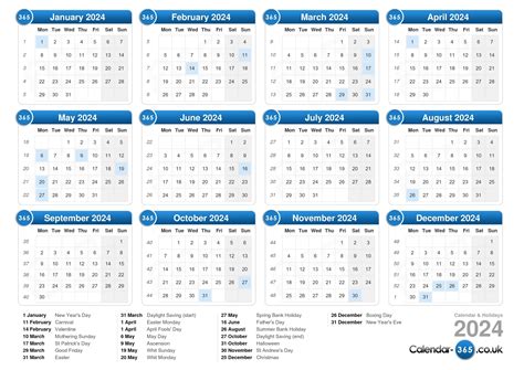 365 days calendar 2024