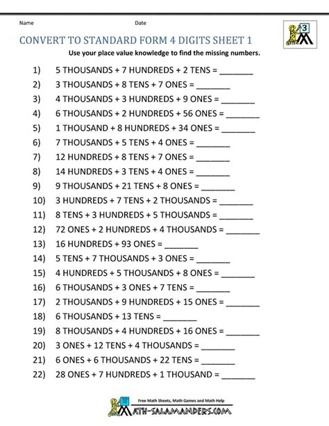 3rd Grade Math Worksheets Standard Form