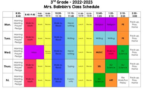 3Rd Grade Schedule Printable