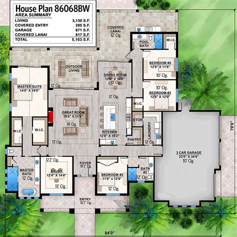 Main level floor plan of a singlestory 4bedroom Mediterranean home