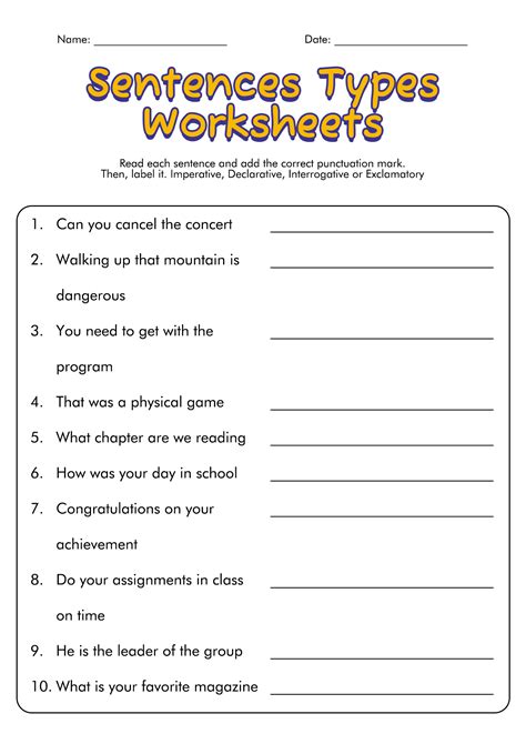 4 types of sentences worksheet free