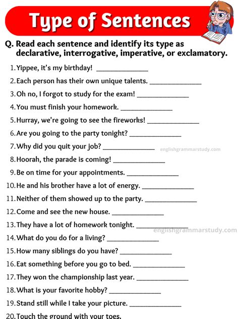 4 types of sentences worksheet with answers