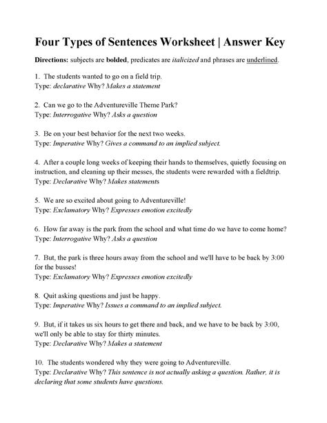 4 types of sentences worksheet with answers for class 8