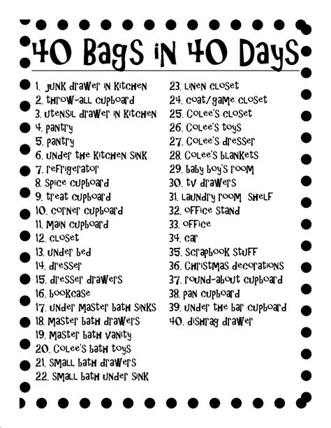 40 Bags In 40 Days Printable List