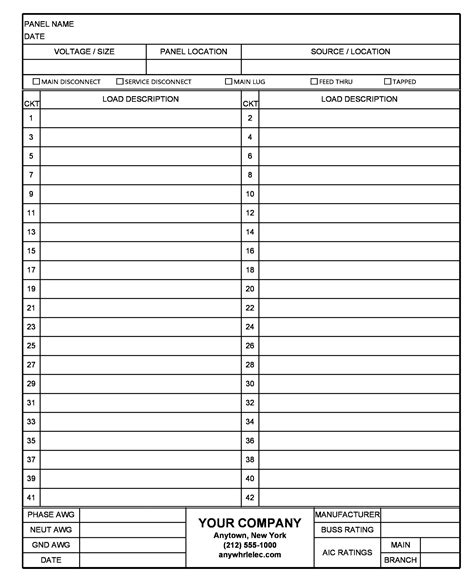 42 Circuit Panel Schedule Template