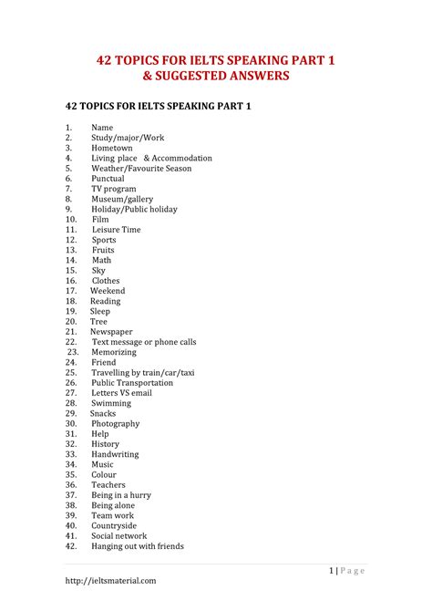 42 topics for ielts speaking part 1
