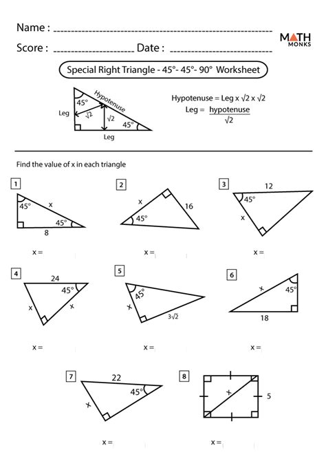 45 45 90 Special Right Triangle Worksheet Answers