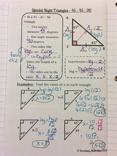 45 45 90 Special Right Triangle Worksheet