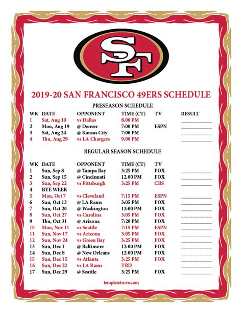 49ers Schedule 2019 Printable In High Resolution