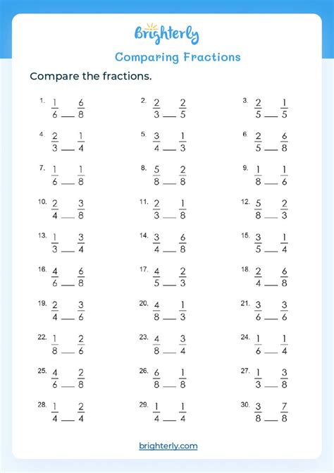 4th Grade Comparing Fractions Worksheets