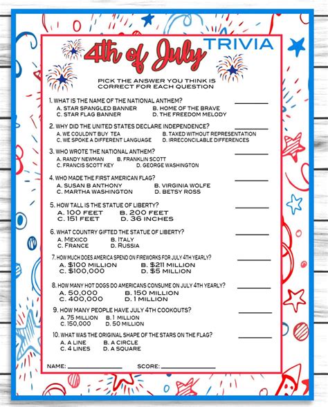 4th Of July Quizzes Printable