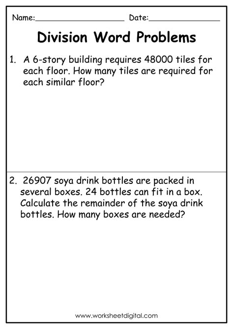 4Th Grade Math Worksheets Word Problems Division