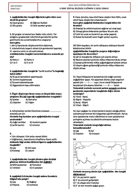 5. sınıf sosyal bilgiler örnek sorular