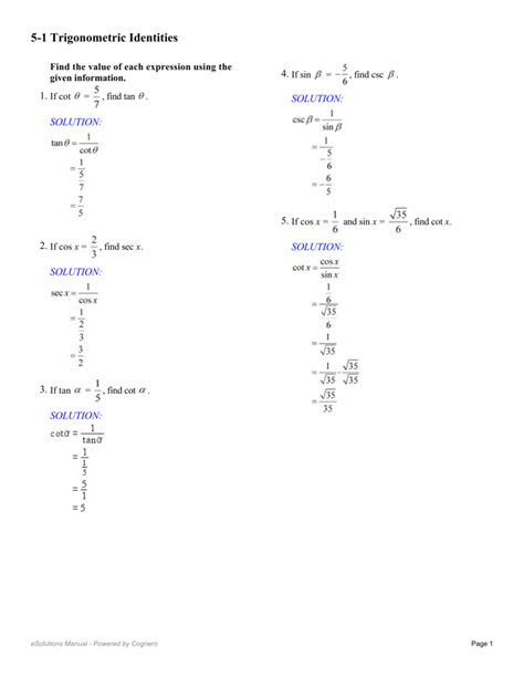 5.2 Verifying Trigonometric Identities Worksheet Answers