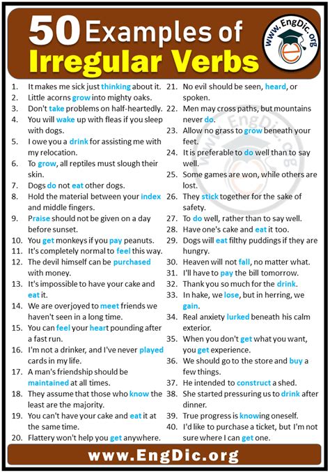 50 examples of regular and irregular verbs sentences