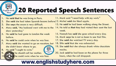 50 examples of reported speech with answers