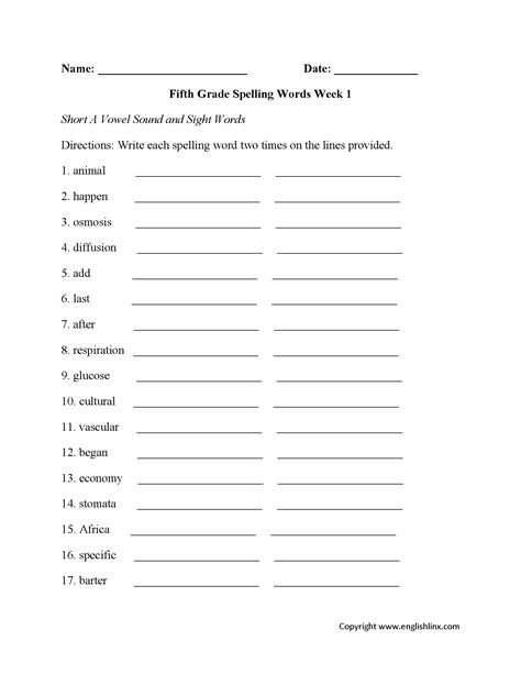 5th Grade Spelling Worksheets