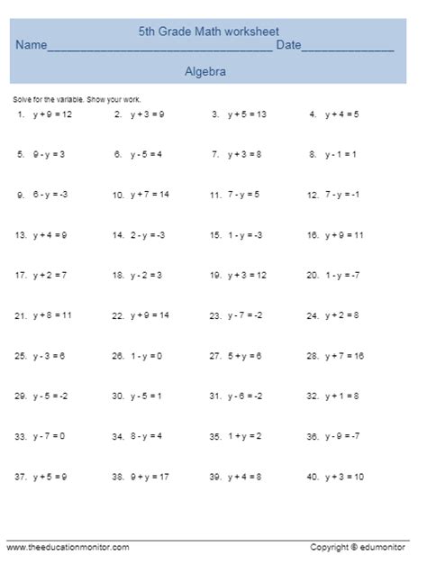 5Th Grade Algebra Worksheets For Math