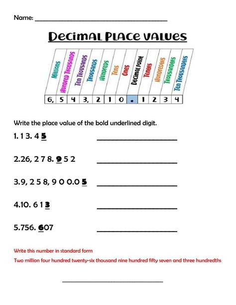 5Th Grade Math Worksheets Decimal Place Value