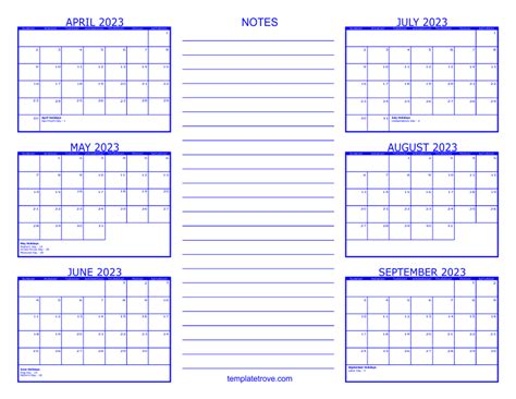 6 Month Calendar Printable 2023