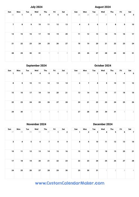 6 Month Calendar: July To December 2024