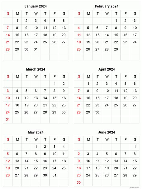 6 Month Calendar 2024