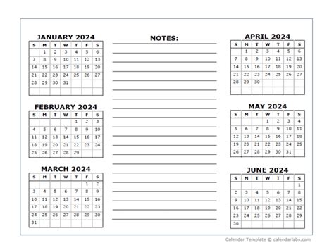 6 Month Calendar Printable 2024