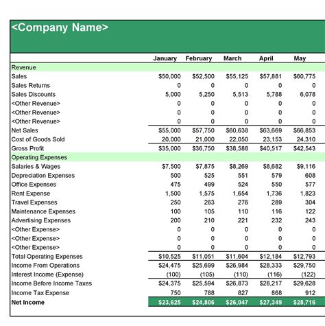 6 Month Income Statement Template
