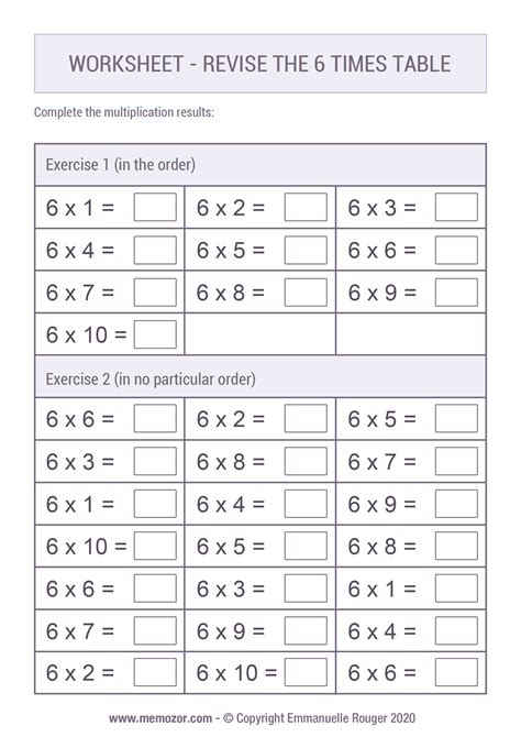 6 times table worksheet year 4
