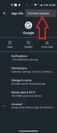 6. Uninstall Update of Google App