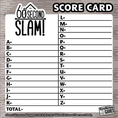 60 Second Slam Score Sheets Printable