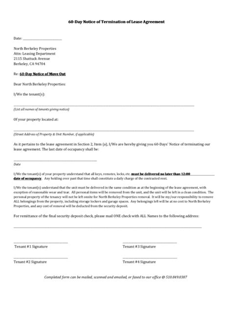 60Day Notice Of Termination Of Lease Agreement printable