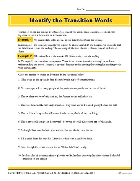 6Th Grade Transition Words Worksheet With Answers