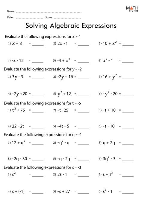 6th Grade Math Worksheets Algebraic Expressions
