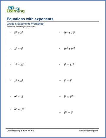 Worksheets Exponents