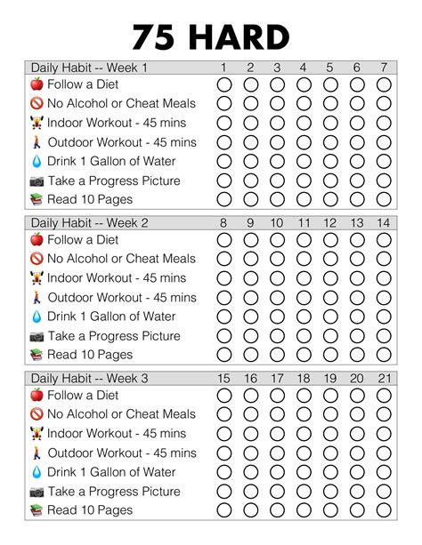 Printable 75 Hard Challenge Habit Tracker Checklist Calendar