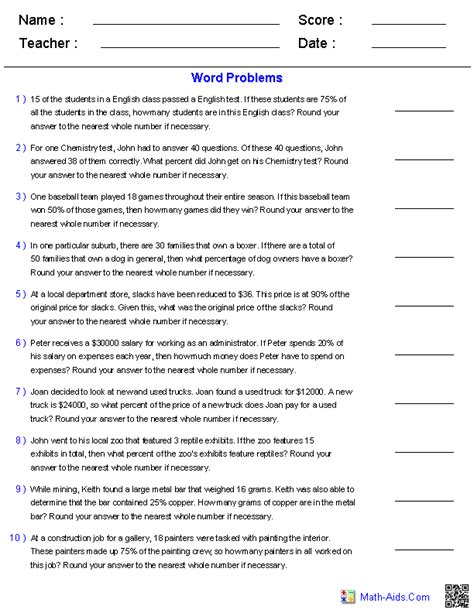 7Th Grade Percentage Word Problems Worksheets
