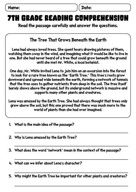 7th Grade Reading Comprehension Free Printable Worksheets