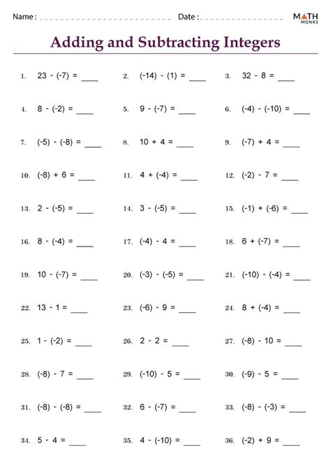 7Th Grade Math Worksheets Intergers