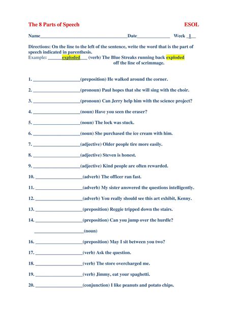 8 parts of speech worksheet pdf with answers