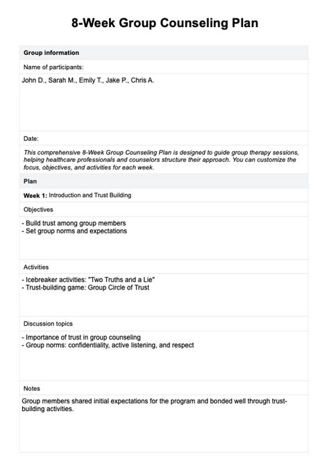 8-week group counseling plan example