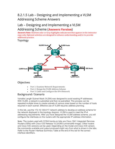 Packet Tracer Designing And Implementing A Vlsm Addressing Scheme Answers
