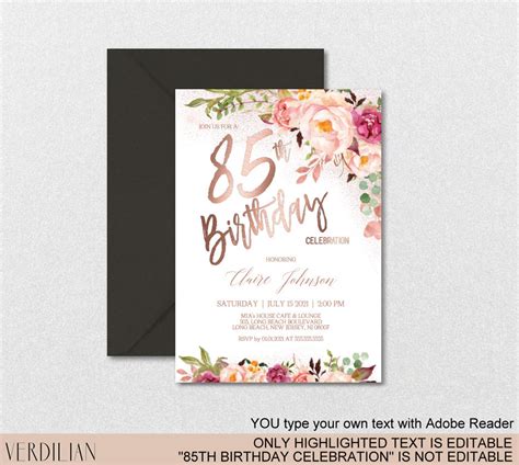 85th Birthday Party Invitation Rose for 85th 100th