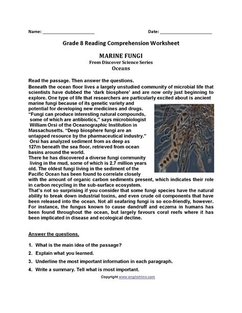 8Th Grade Reading Comprehension Worksheets With Answers Pdf